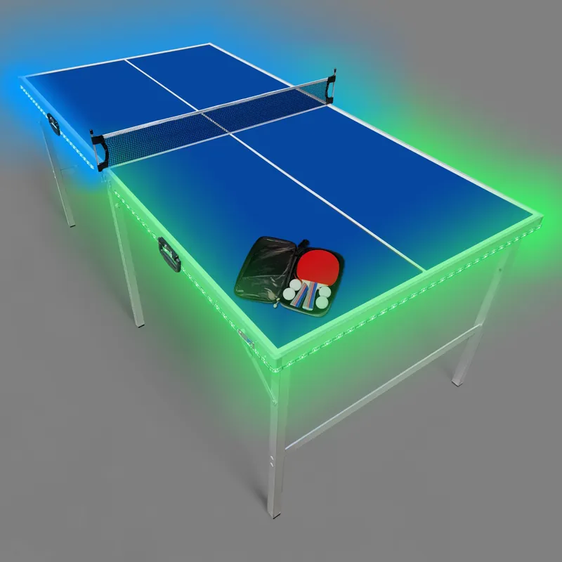PartyLife Blue 6 ft x 3 ft Ping Pong Table Tennis Table w/LED Lights & Game Kit Mid-Size Portable Folding Indoor Outdoor Ping Pong Table Tennis Table Kids & Adults Game Room Not Full Size