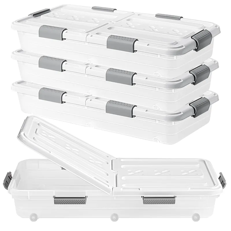 Ehahat 4 PCS*49 Qt Wheeled Latching Under Bed Storage, Double Opening Lids Stackable Bin with Latch Lid, Plastic Container to Organize Shoes Underbed, Clear with White Lid(White)
