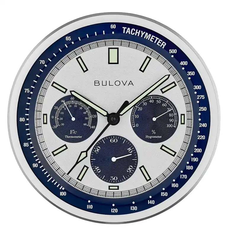 Bulova Lunar Pilot Wall Clock C1971 Matte Silver Finish Temperature & Hygrometer Display Silent Sweep Quartz Movement 13.75-Inch