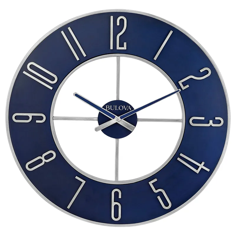 Bulova Blue Steel Oversize Wall Clock Model C4809, 27" Diameter Sleek Silver and Blue Finish Contemporary Design Battery Operated