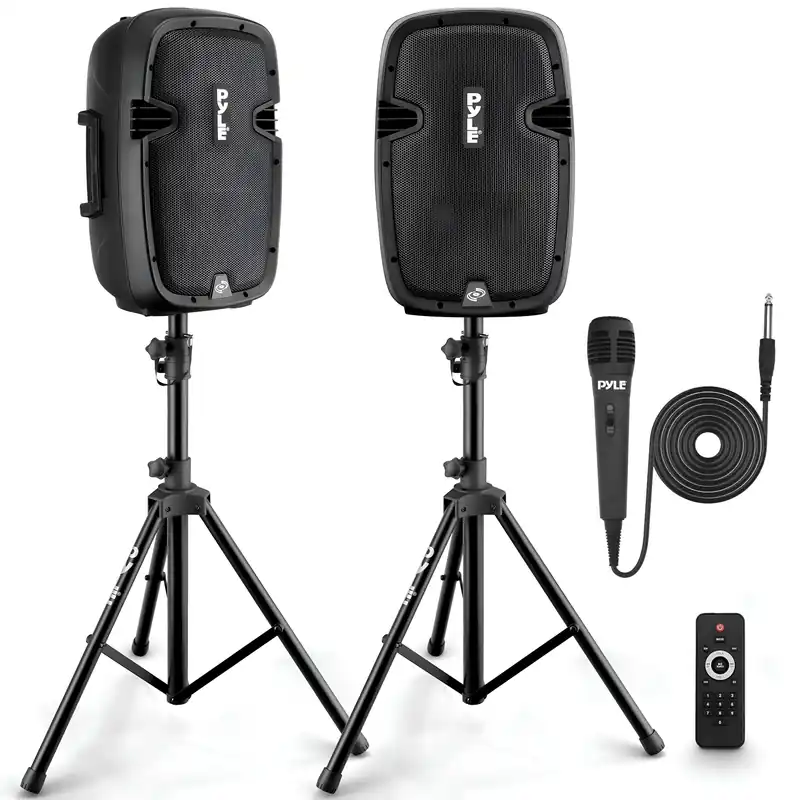 Pyle Active + Passive PA Systems - Dual 8inch 700 Watt Max Power Output Speaker with Microphone, Bluetooth Wireless Streaming, MP3/USB/SD/AUX Readers, Speaker Stands- Pyle PPHP849KT
