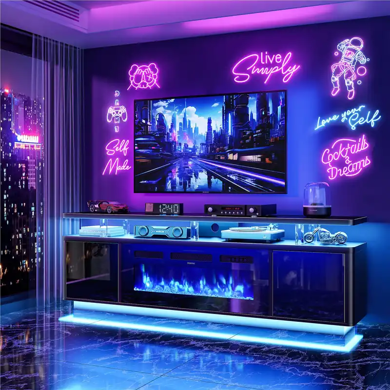 OneBlis 70" Fireplace TV Stand with Double LED Lights for TVs UP to 80", Electric Fireplace Entertainment Center with Storage Cabinets, TV Console for Living Room, Office, Black1