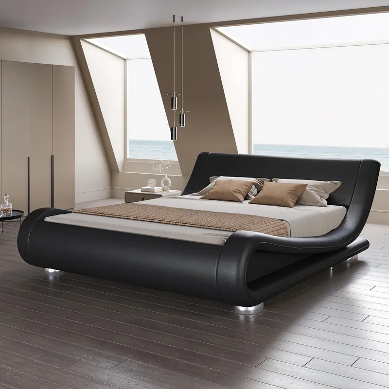 SHA CERLIN Queen Size Upholstered Bed Frame, Deluxe Low Profile Sleigh Bed with Faux Leather Ergonomics Headboard, No Box Spring Needed & Easy Assembly, Black
