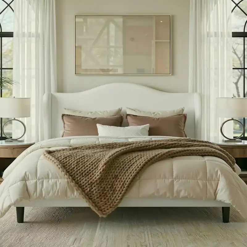Allewie King Size Bed Frame, Upholstered Wingback Platform with 47" Tall Tufted Headboard, Plush Velvet Fabric, Modern Minimalist Design, No Box Spring Required, Tool-Free Assembly, White