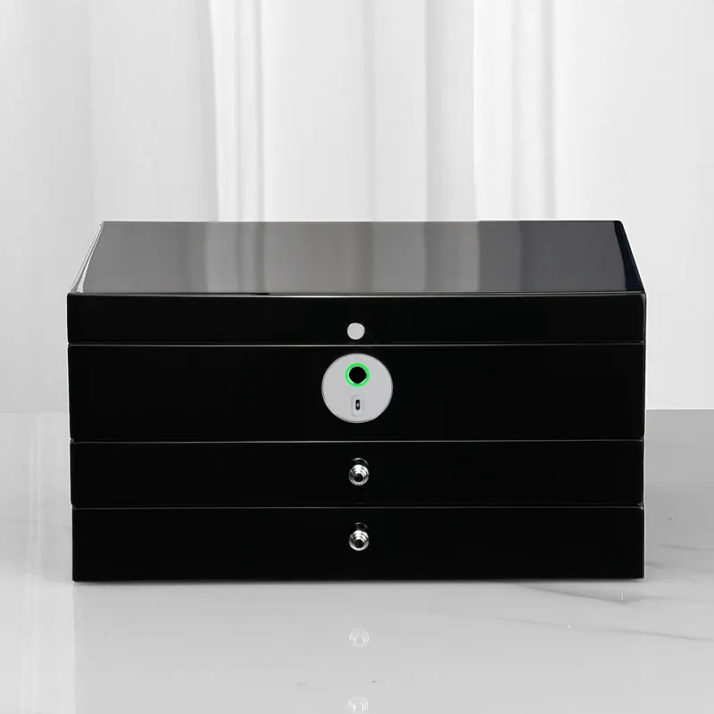 SYENS Jewelry Box with Fingerprint Lock, Black Wood Piano Lacquer Jewellery Organizer Storage Box with Drawer, 3-layer Full Lockable, for Women or Men‘s gift