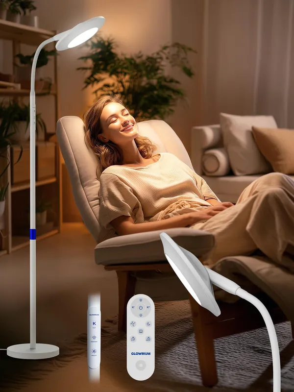 48000 LUX UV-Free Sunlight Lamp, 36W Bright LED Floor Lamp, Full Spectrum Sun Lamp, 7 Brightness Levels 4 Color Temps with Remote, Adjustable Height Reading Floor Lamp for Living Room Bedroom Office
