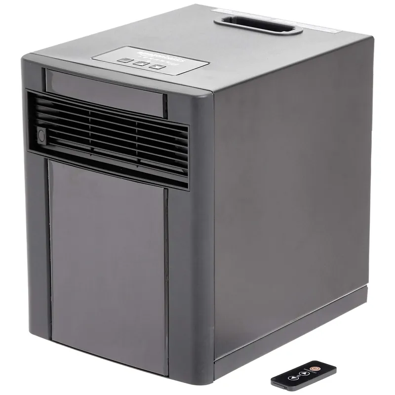 Amazon Basics Portable Space Heater with Remote Control, Adjustable Thermostat, Indoor Use, Energy-Saving Setting, LED Display 1500W, 11.4"D x 14.5"W x 14.7"H, Black