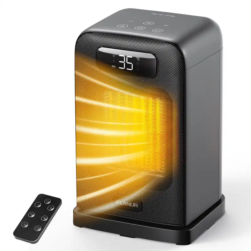 FLANUR Space Heaters for Indoor Use, 1500W Small Desk Heater 2 in 1 with Remote, Thermostat, LED Display, Overheat & Tip Over Protection, 12H Timer, 70° Oscillating Heater for Office (Black, 1Pack)