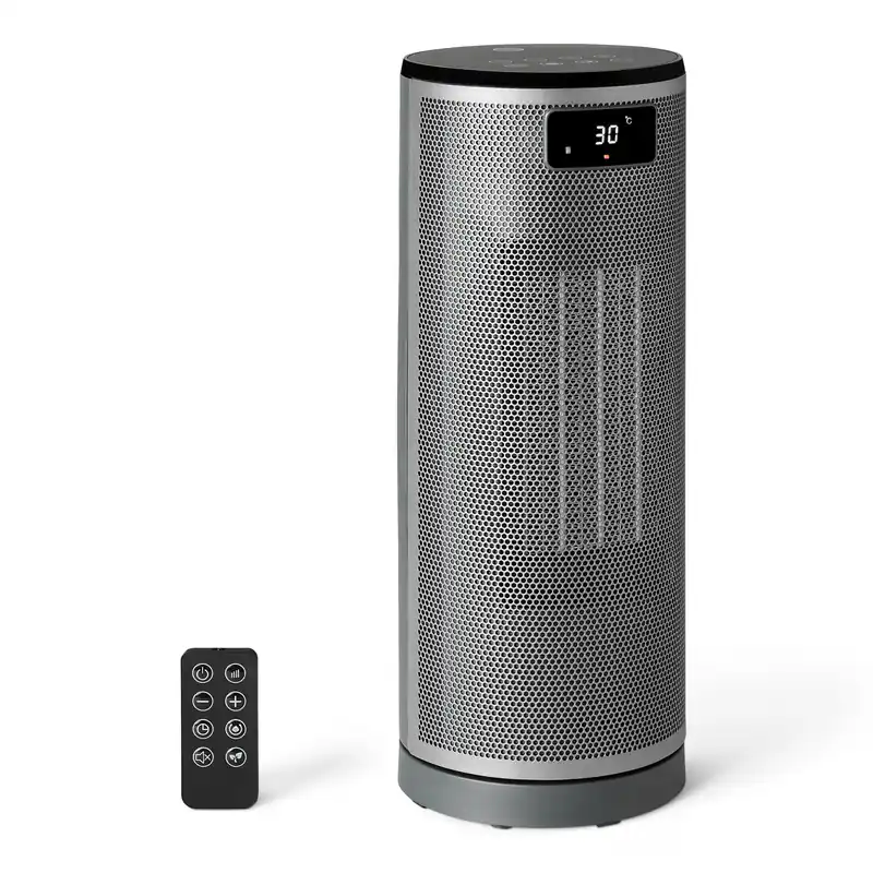 Amazon Basics Space Heater for Indoor Use with PTC Ceramic Technology, 1500W, Remote Control, 70° Oscillation, Digital Controls, 16-inch, Grey