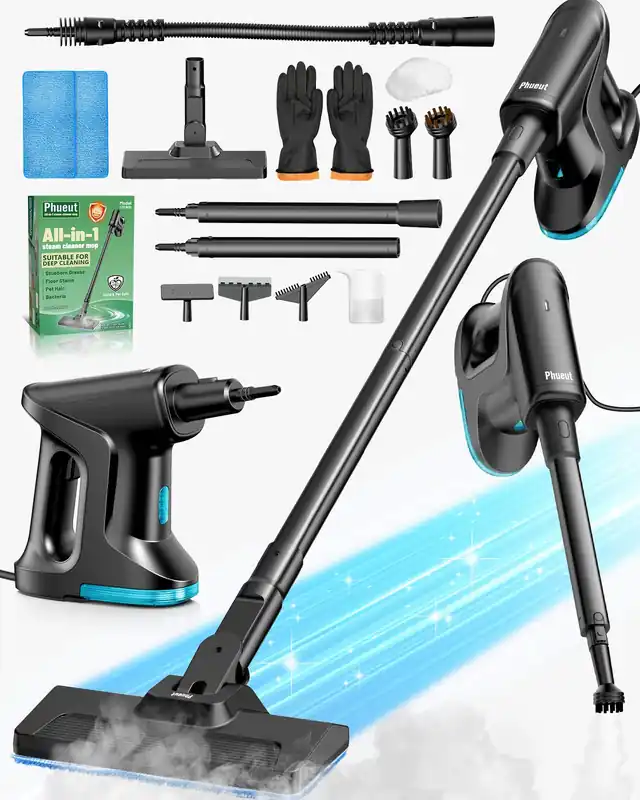 Heavy Duty Steam Mop for Floor Cleaning, 14-in-1 Lightweight Detachable Handheld Steam Cleaner with Multi-Purpose&Powerful, No-Chemical Floor Steamer for Home Hardwood Grout BBQ Window (Black)