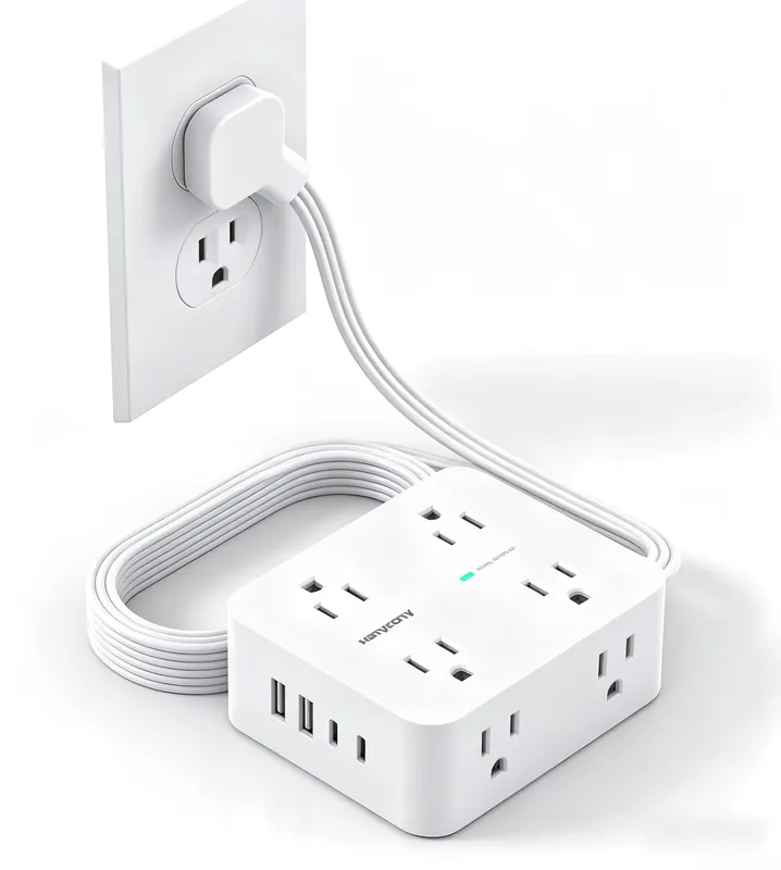 15 Ft Long Extension Cord with Ultra-Thin Flat Plug, 8 Widely Spaced Outlets & 4 USB Ports (2 USB C), 1080J Surge Protected Power Strip for Home Office, College Dorm Room Essentials, Wall Mount