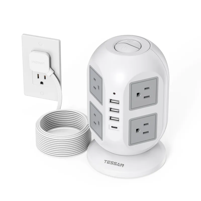 TESSAN Tower Power Strip 10 ft, Long Flat Extension Cord with Multiple Outlets, 8 AC Outlets with 4 USB Ports (1 USB C), Charging Station with, for Home Office Dorm