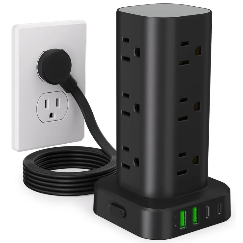Power Strip Tower with Multiple Outlets, Flat Plug Surge Protector Tower Extension Cord with 12 AC Outlets 4 USB Ports (2 USB C), 6FT Cord Power Tower Surge Protector for Home Office Dorm Room, Black