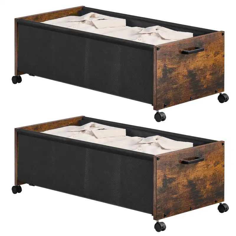 FOUCSSOMEI Under Bed Storage with Wheels, Wooden Under Bed Drawers On Wheels, Rolling Under Bed Shoe Storage, Space Saving, Rustic Brown,90L