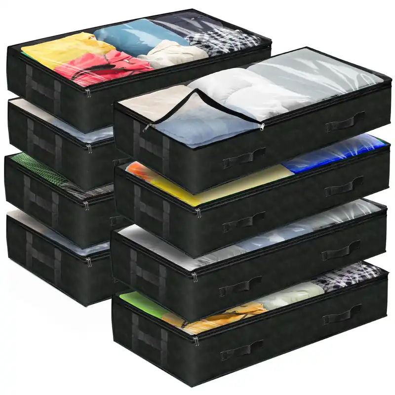 Reli. 90L Under Bed Storage Containers (8 Pack) Closet Organizer with Clear Window Underbed Storage Bins for Towels, Sweaters, Linens Large Organizer for Closet (Black)