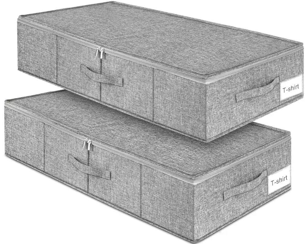 Under Bed Storage, 2 Pack Underbed Storage Container Bags With Lid, Foldable Sturdy Clothes Storage Drawer Organizer W/ 3 Handles, Ultra Thick Fabric Blanket Shoe Storage Box, 30x15x6.7inch, Grey