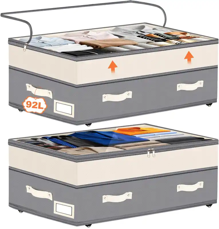Dolicer 2 Pack Under Bed Storage with Wheels, 6in-10in Height Adjustable Underbed Storage Containers, 92L XXXL Under Bed Drawers Rolling Bin with Clear Lids for Dorm Shoes Clothes Organizers(Grey)