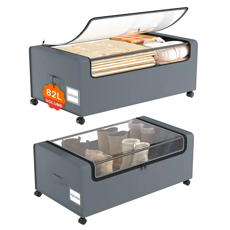 Webetop 12 inch Under the Bed Storage Bins with Clear Lid, Under Bed Storage Containers with Wheels for Underneath Small Spaces Dorms, Blankets (2 Pack, Grey, 30.7"x17.3"x12")