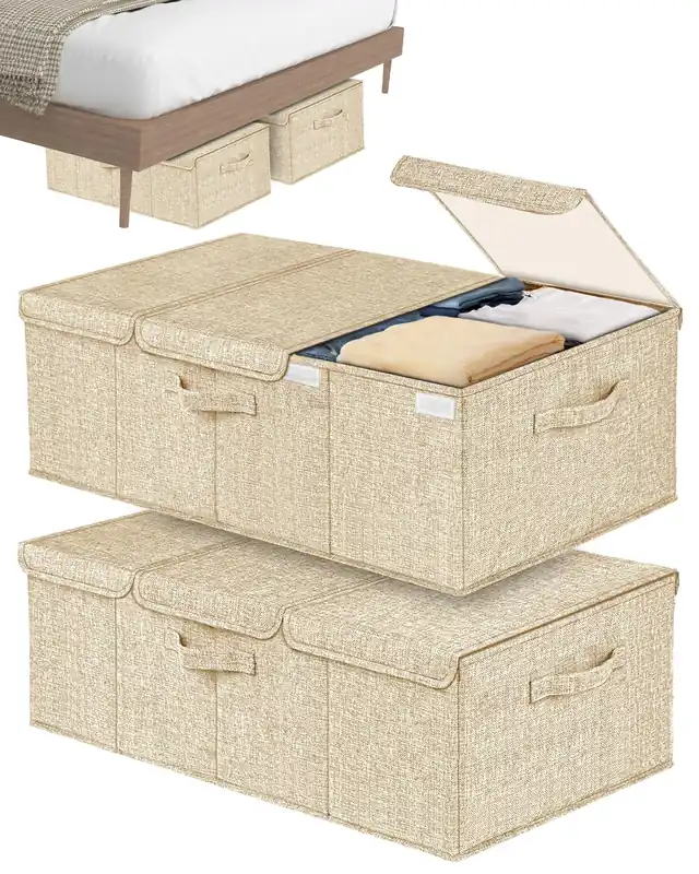 Hoyula Deep Under Bed Storage Container, 10" Tall Height Underbed Box Bin with Lids 31" Long Large Basket for Under Bed, Bedroom, Dorms, Clothes, Bed sheets, Blankets, 2 Pack, Beige