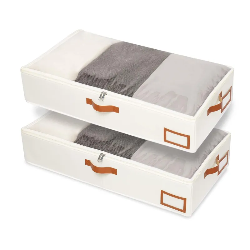 Yawinhe Under Bed Storage, 2 Pack Closet Organizers, Collapsible Container Bags, with Sorting Card Slot and 4 Leather Handles, for Blanket, Bedding, 23.6‘‘Lx11.8‘‘Wx6‘‘H, Beige