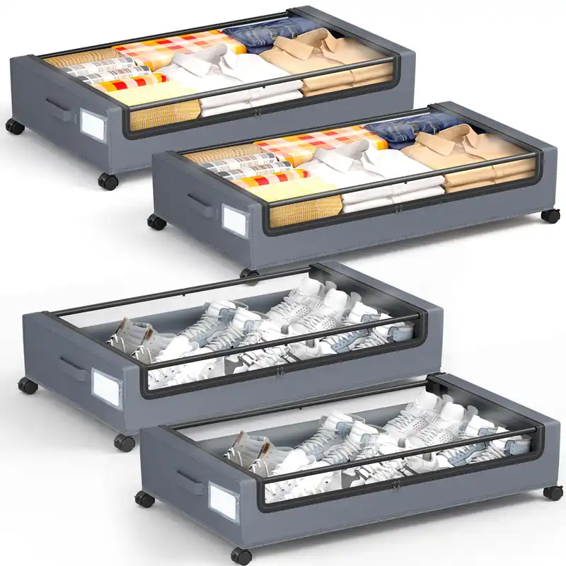 YEEBONIX Under Bed Storage with Wheels, Square Under Bed Storage Containers, 4 Pack Under The Bed Storage Bins, Under Organizer with Clear Lids-60L Rolling Underbed Storage For Clothes, Shoes...