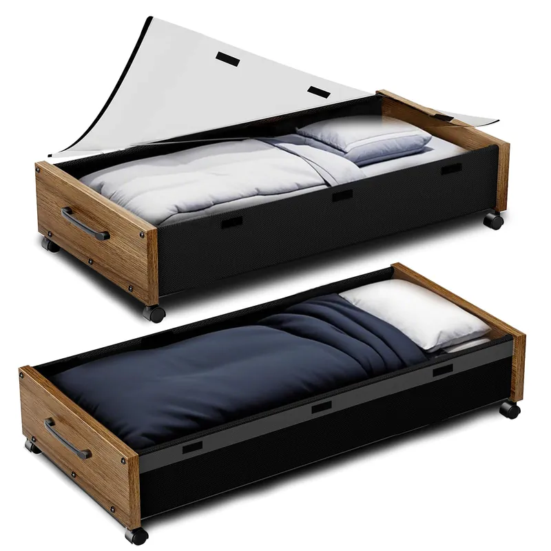 Under Bed Storage with Wheels, 2 Packs Wooden Storage Containers Extra Large Underbed Shoes Organizer, Rolling Under Bed Storage Drawers with Clear Lid, Heavy Duty for Clothes Toys 36"L (Walnut)