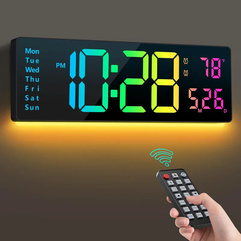 Digital Wall Clock 16", Wall Clocks with 11 RGB Colors, Alarm Clock with Night Lights, Large Digital Clock for Living Room Bedroom Office Classroom Decor, Auto DST, Temperature, Remote Control