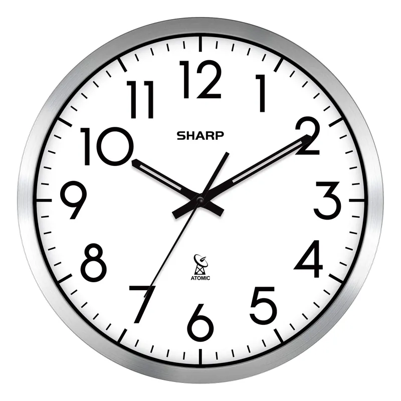 Sharp Atomic Analog Wall Clock - 12" Silver Brushed Finish Sets Automatically- Battery Operated Easy to Read Use Simple, Style fits Any Decor