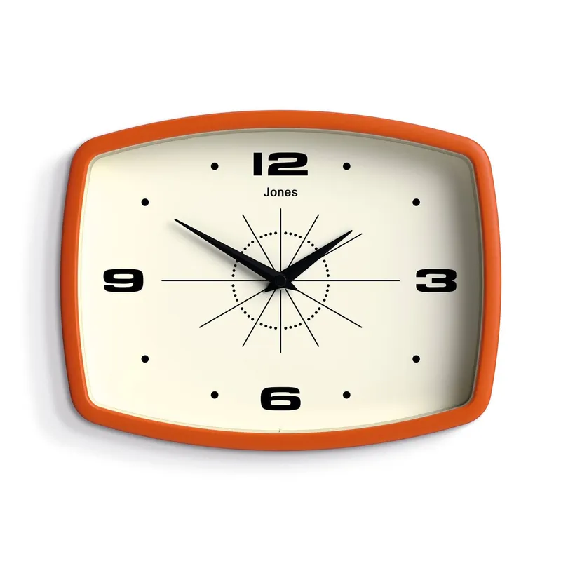 JONES CLOCKS® Movie wall Clock Retro Rectangular Clock 10 inch Orange Cool mid-Century Designer Look for Kitchen, Living Room or Office