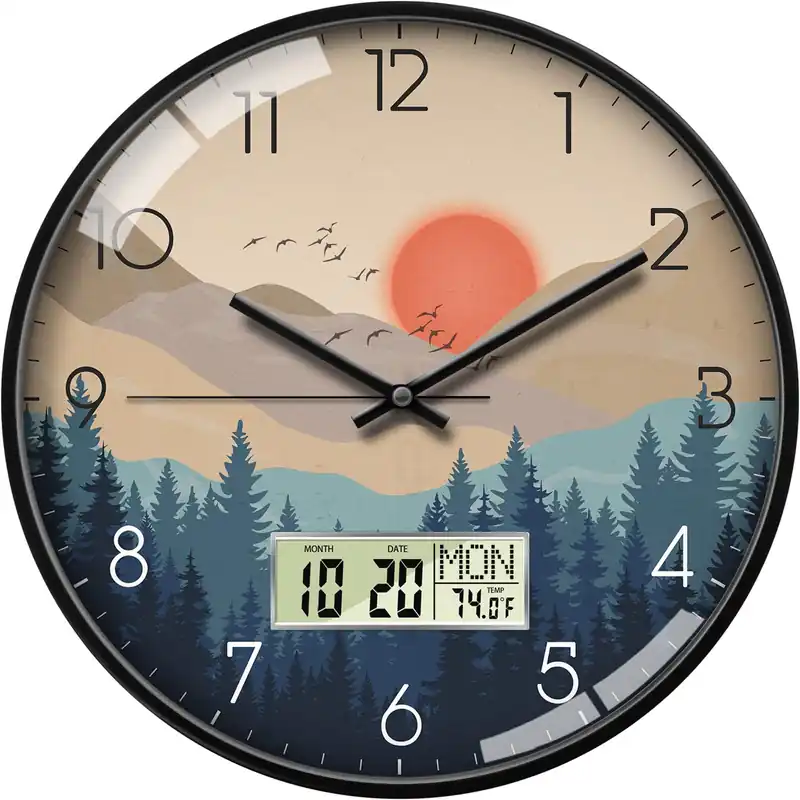 SCOAGE Wilderness Sunset Wall Clock, 12" Silent Non-Ticking Battery Operated Analog Clock with LCD Date Day Temp Display, Mid-Century Modern Decor for Living Room Bedroom Kitchen Farmhouse Home Office