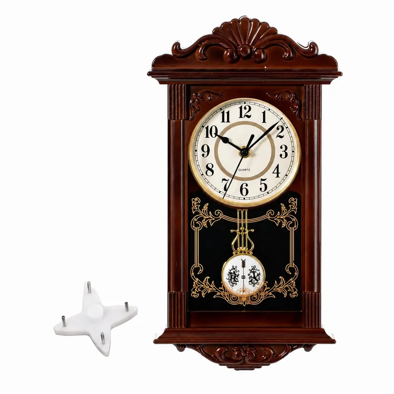 Clockswise Vintage Grandfather-Style Wall Clock with Wood-Effect Plastic Pendulum, Battery-Operated - for Home Decor, Living Room, Home Office, Kitchen or Dining Room (Brown)