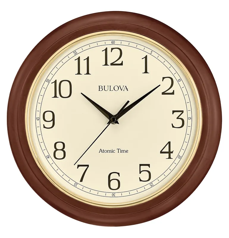 Bulova Atomic Time 2 Analog Wall Clock C5004 12.4" Wooden Frame, Sets Time Automatically Quartz Movement Battery Operated Classic Design