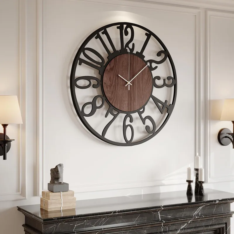 Cuspin 30 Inch Large Wall Clock, Black Metal Decorative Wall Clock with Wood Center Dial, Silent Non Ticking Battery Operated Arabic Numeral Round Wall Clock for Living Room, Bedroom, Kitchen, Office