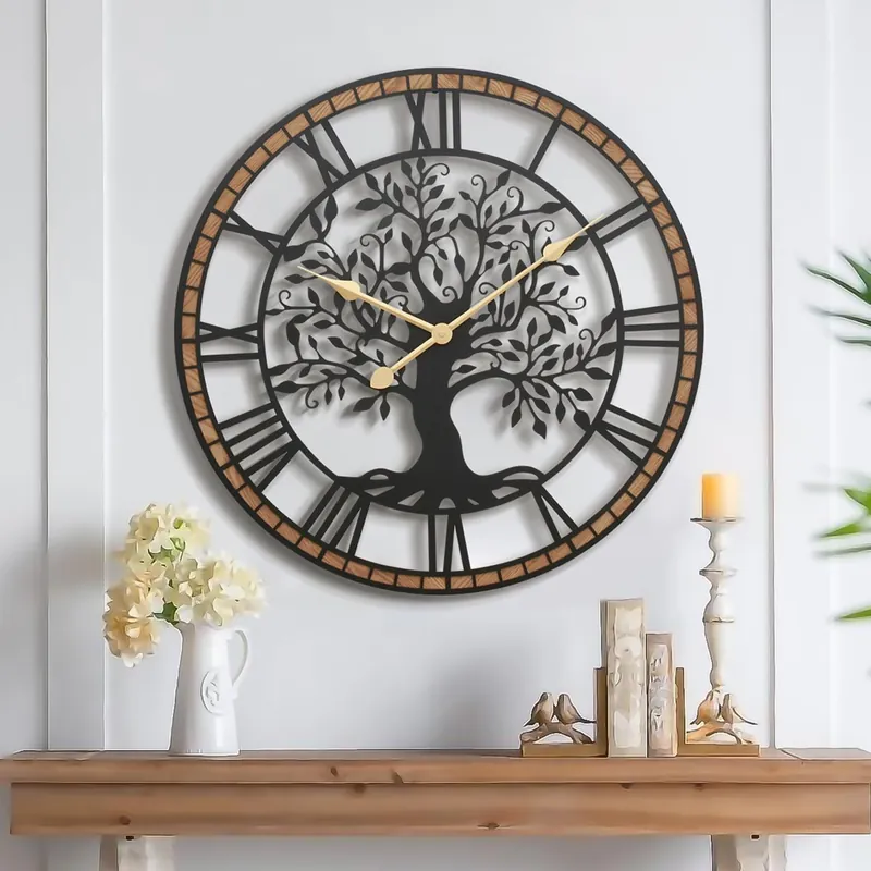 Micasso Farmhouse Large Wall Clock 24Inch Rustic Tree of Life Metal with Wood Frame - Vintage Battery Operated Wall Clocks for Living Room/Office/Bedroom - Home Decor for Fashion-Conscious