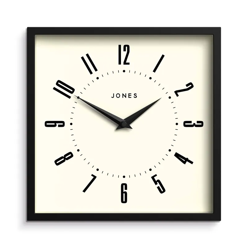 JONES CLOCKS® Box wall Clock Retro Square 10 inch Black Easy to Read Numbers Perfect Kitchen or Office Clock