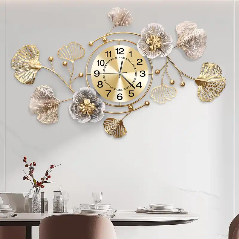 JXQXYN Clocks for Living Room, Large Wall Clock, 3D Silent Wall Clock, Retro Metal Ginkgo Leaf Design, for Bedroom Kitchen Decorative Wall Clocks(32‘‘x18‘‘ )