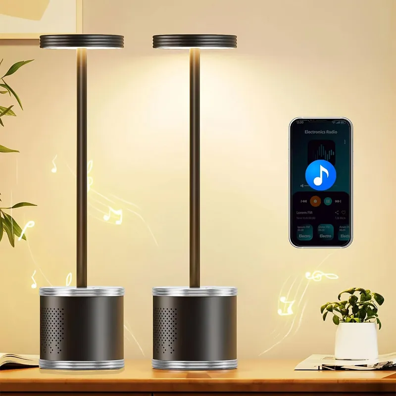 SenceHome LED Table Lamp Set of 2, Black Cordless Table Lamp, Portable Rechargeable Wireless Lamps with Speaker, 3 Color Dimming, 5000mAh Desk Lamp for Bedside, Office, Restaurant, Bar
