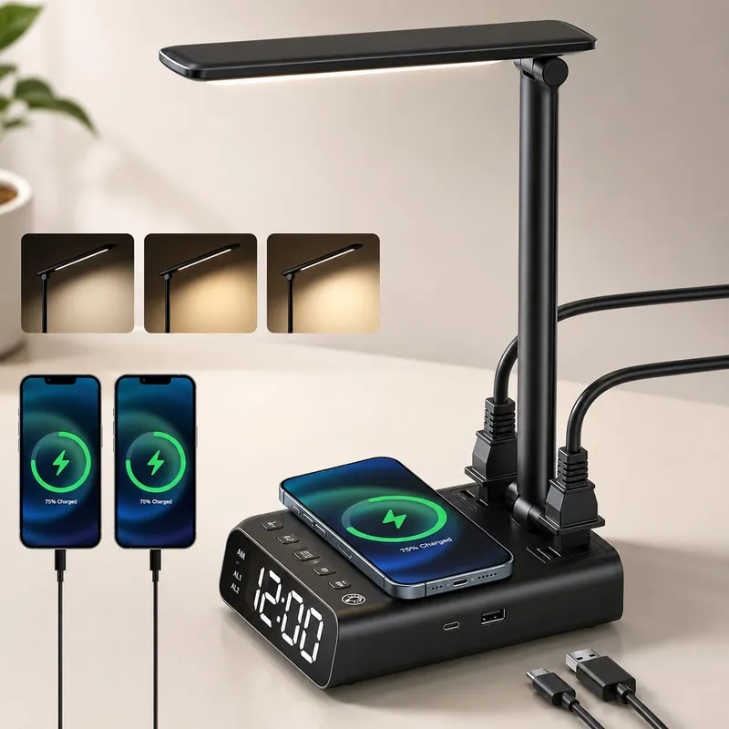 ELMWAY Alarm Clock with Lamp, Wireless Charging, USB-C & USB Ports, AC Outlets, Bedside Digital Clock Charging Station with Night Light, Loud Dual Alarm for Heavy Sleepers, Kids, Teens & Adults