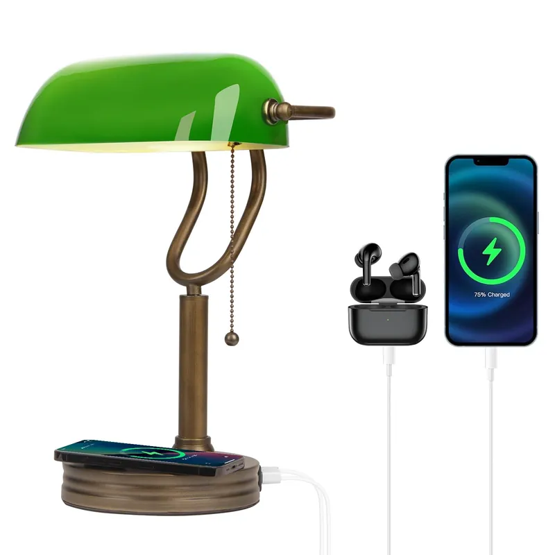 JCPYIUL Green Glass Bankers Lamp, Retro Desk Lamp with USB Wireless Charging Port, Classic Pull Chain Switch Table lamp, for Home Office nightstand Bedside Study Desk Library