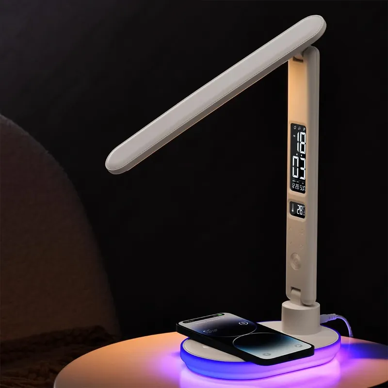 IHAO Luxury Multifunctional LED Desk Lamp10W Qi Wireless Charger Digital Alarm Clock Ambient Light & Temperature Display Adjustable Eye-Care Table Lamp with Leather Texture Design Table Lamp-U20 White
