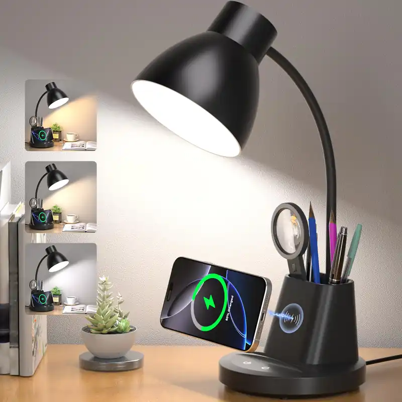 Sailstar Desk Lamp for Home Office, 10W Wireless Charging, Eye-Caring LED Desk Light, CRI 95+ 3 Color Modes Stepless Dimming Pen Holder, 360° Flexible Arm Desk Lamps for College Dorm, Adapter Included