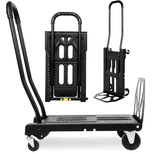 Folding Hand Truck with 4-Wheel Mode, 2 in 1 Collapsible Push Cart & Fold-Up Toe Plate