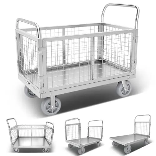 Platform Truck Cart with Cage, Multipurpose 6 in1 Foldable Flatbed Cart Heavy Duty Push Cart Dolly