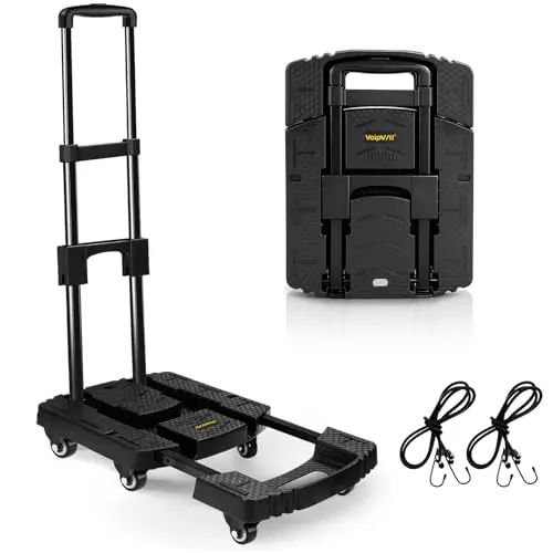 Folding Hand Truck 500lbs, Portable Heavy Duty Dolly Cart, 6 Wheels Collapsible Luggage Cart with 2 Elastic Ropes