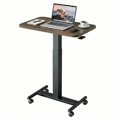 Small Rolling Laptop Standing Desk, Height Adjustable Mobile T-Base Desk with Lockable Casters