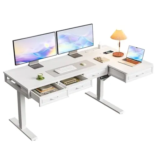 L Shaped Electric Standing Desk with Wooden Drawers, 55 Inch Height Adjustable Corner