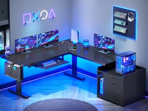 L Shaped Electric Standing Desk with File Cabinet, 63 x 53‘‘ Height Adjustable Home Office Computer Desk with Drawers, Power Outlet