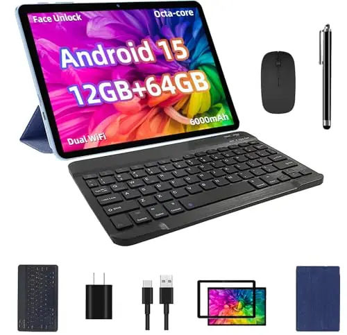 Android 15 Tablet, 12GB+64GB+1TB Expand, 10inch Tablet Bundle with Keyboard Case, Stylus Pen