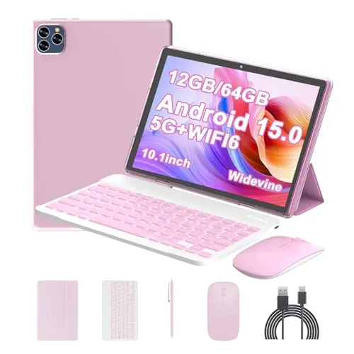 Android 15 Tablet 10 Inch, 12(3+9) GB RAM+64GB ROM, 2 in 1 Tablets with Keyboard Case Mouse Stylus