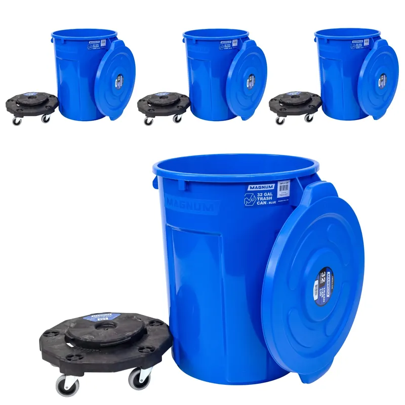 Magnum Blue 32 Gallon Trash Can Set (Trash Can, Quiet Dolly, and Reinforced Lid), Construction Grade, Jobsite Ready for Handling and Rolling Garbage CMTC-CLD0-32B04 (4 Set)